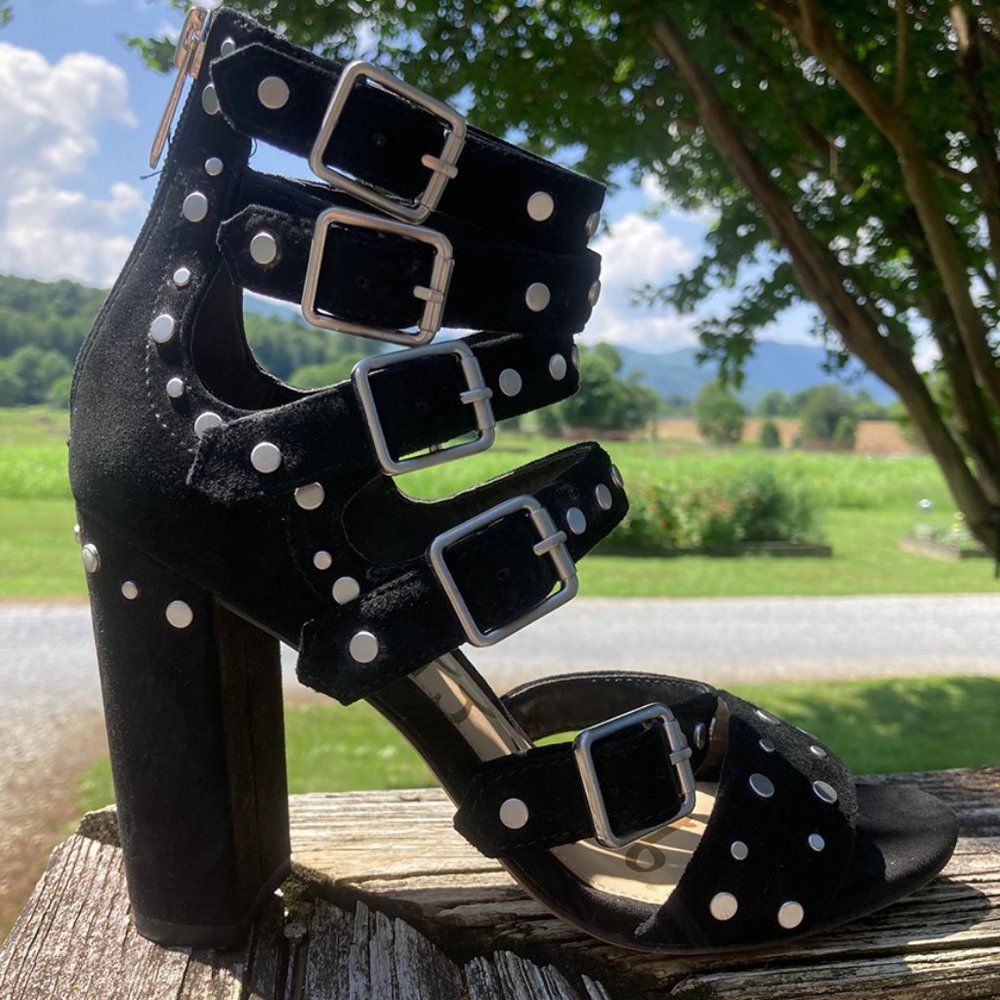 SOLD - Sam Edelman York Black Suede Studded Strappy Heels LIKE NEW Size 6